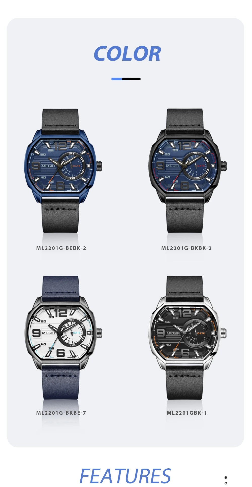 MEGIR 2201 Fashion Men Watches Top Luxury Sport Watch Calendar Luminous Quartz Watch Casual Man Wristwatch Clock Montre Homme