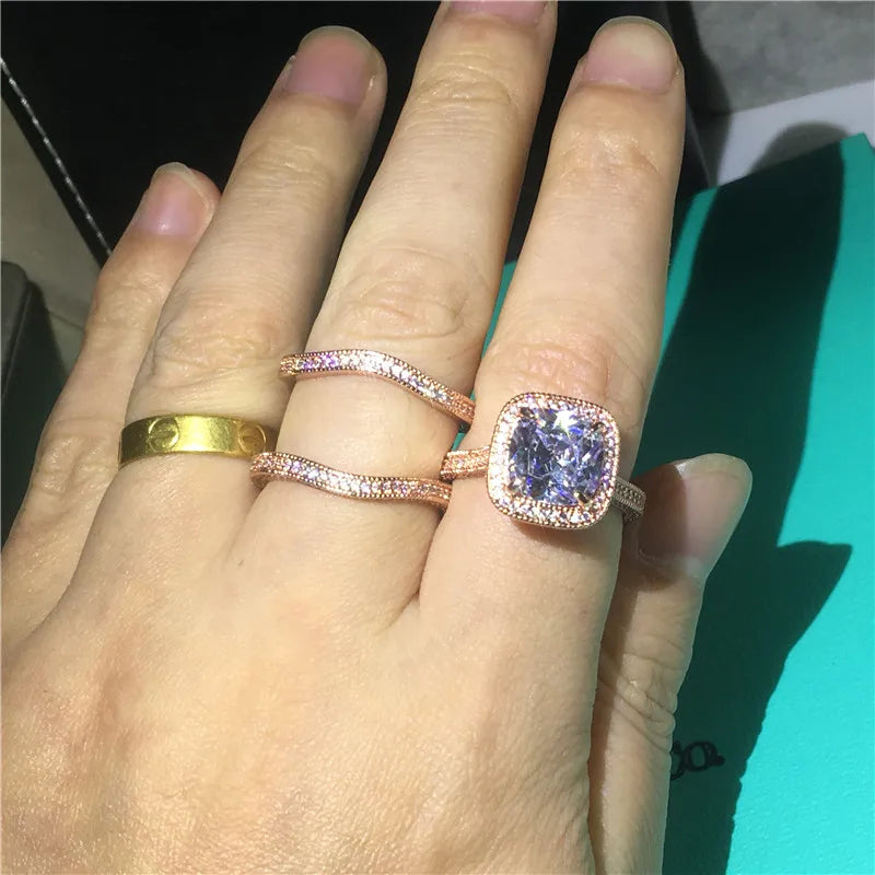 Ensemble de matiques vintage en or rose 18 carats pour hommes et femmes, diamant CZ, bijoux en argent regardé 925, matiques de fiançailles et de mariage, 3 en 1