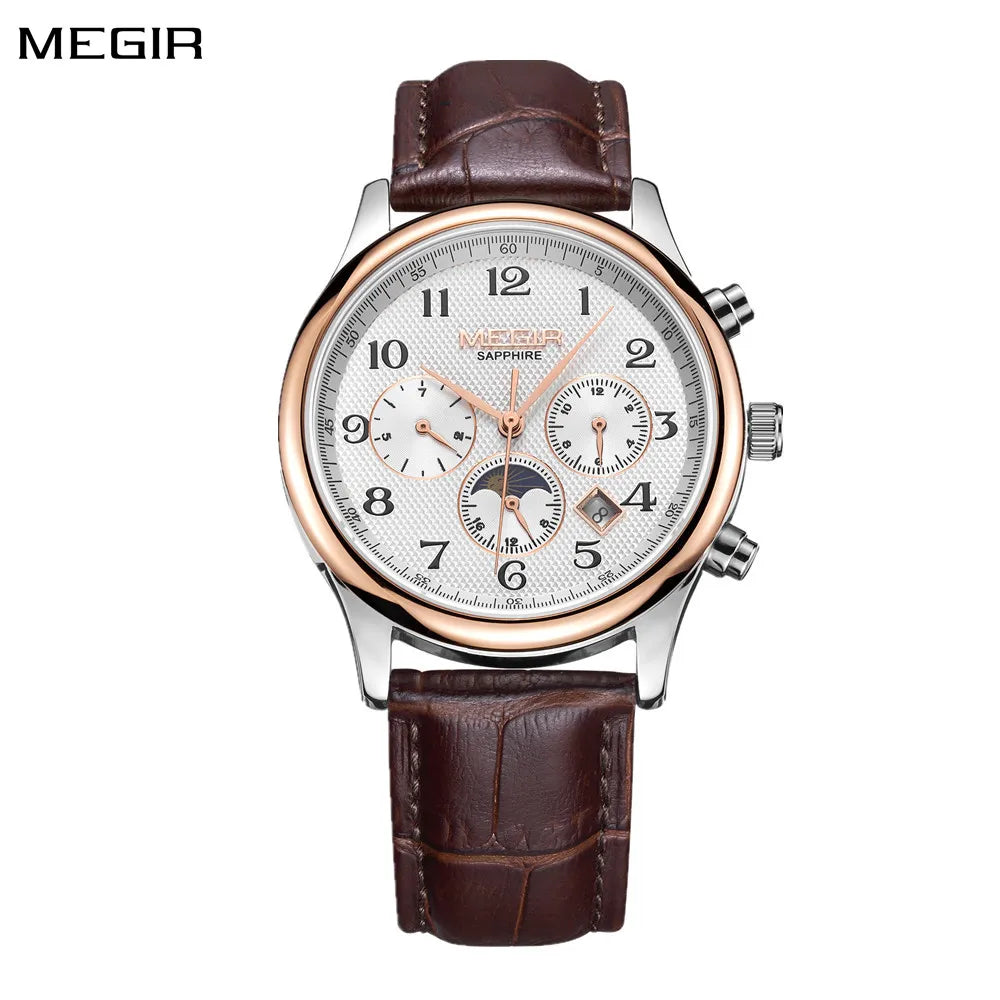 MEGIR 62046 Men Automatic Mechanical Watches Moon Phase Leather Casual Business Wristwatch Sapphire Date Clock Montre Homme