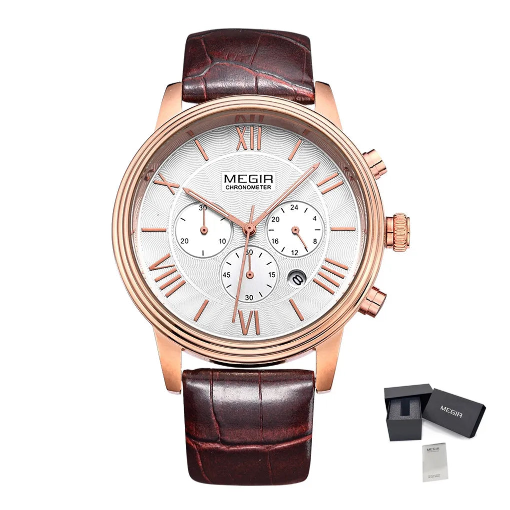 MEGIR 2012 Brown Retro Sports Quartz Men's Watches Large Dial Chronograph Watch Fashion Multifunctional Wrist Watch Montre Homme