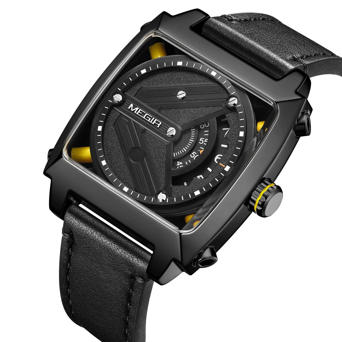 MEGIR 62071 Men's Waterproof Business Casual Leather Strap Automatic Mechanical Watch Tonneau Case Charm Wristwatch Montre Homme
