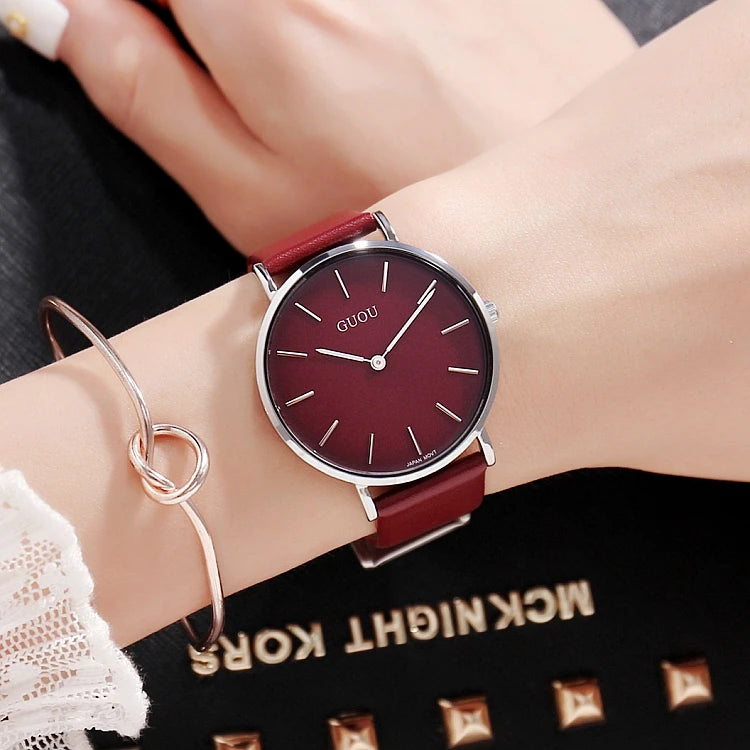 GUOU 6003 Classic Red Female Quartz Watch Latest Genuine Leather Band Elegant Waterproof Nice Minimalist Business Watch Factory