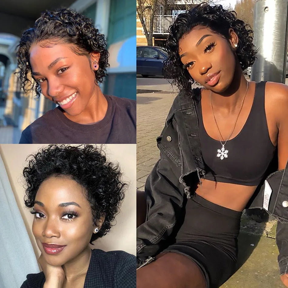 Perruque de cheveux humains courts bouclés coupe lutin perruque bresillienne pas cher Remy cheveux 13X1 perruques de dentelle transparente pour les femmes vente