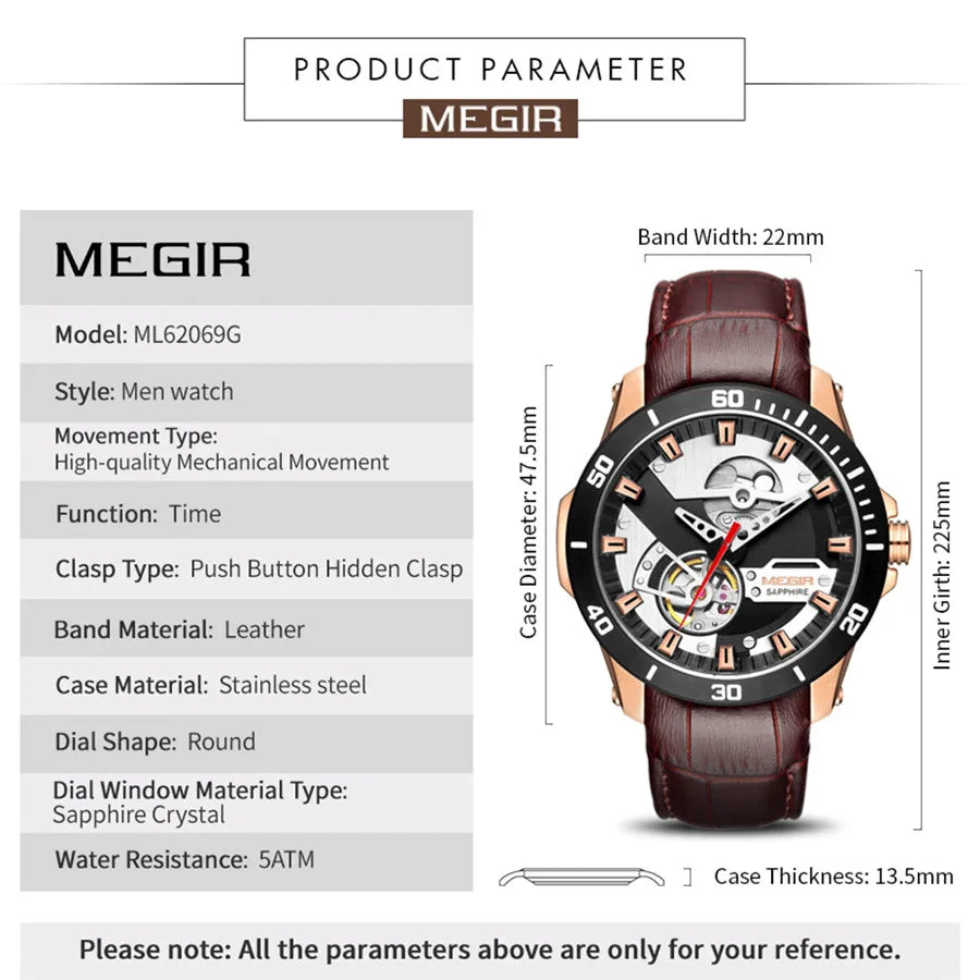 MEGIR 62069 Montre Homme Fashion Leather Watches for Men Sapphire Stainless Steel Automatic Mechanical Watch Sports Watch Clock