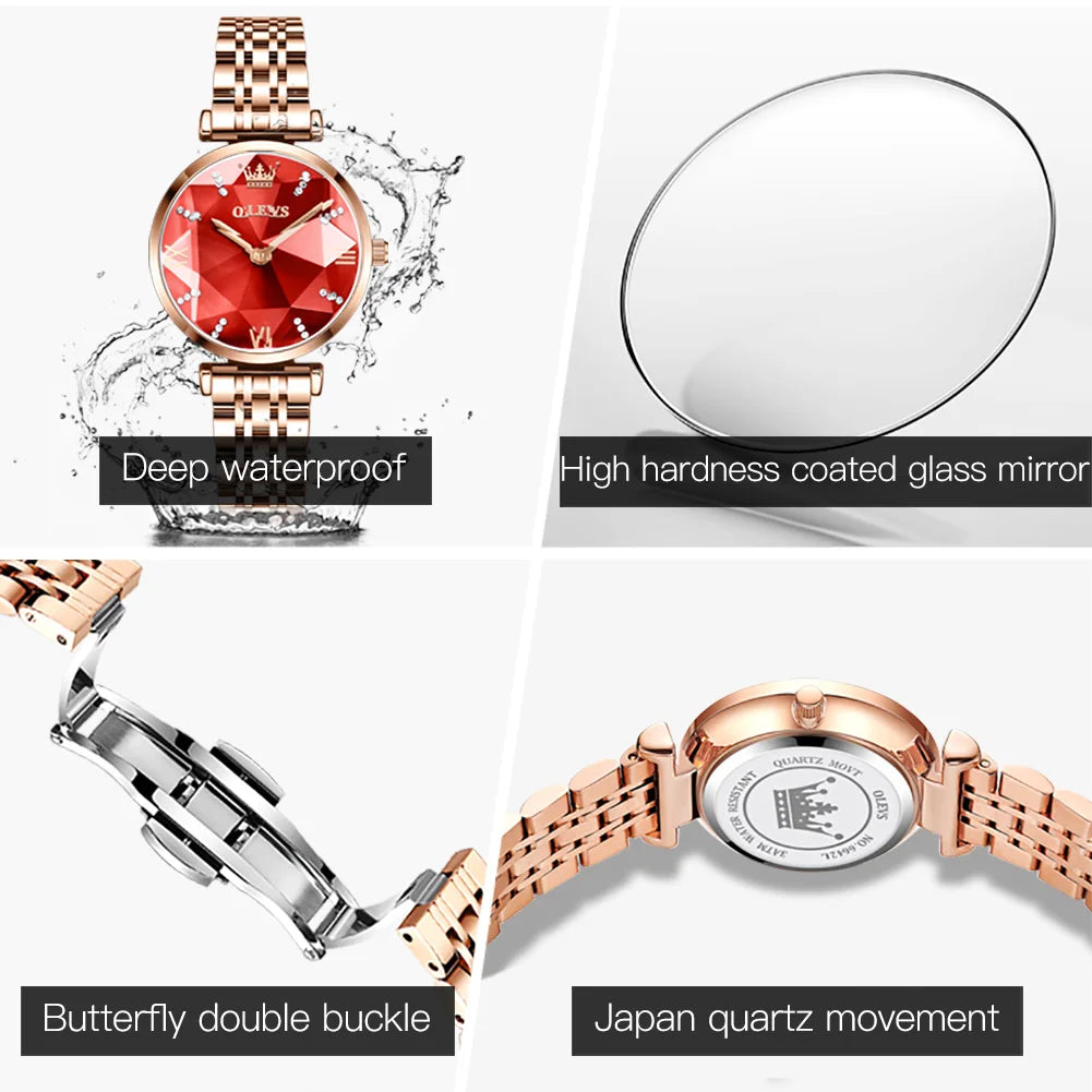 OLEVS 6642 Women Watches Luxury Rose Gold Stainless Steel Waterproof Watch Elegant Ladies Dress Watch Gift for Wife Montre Femme