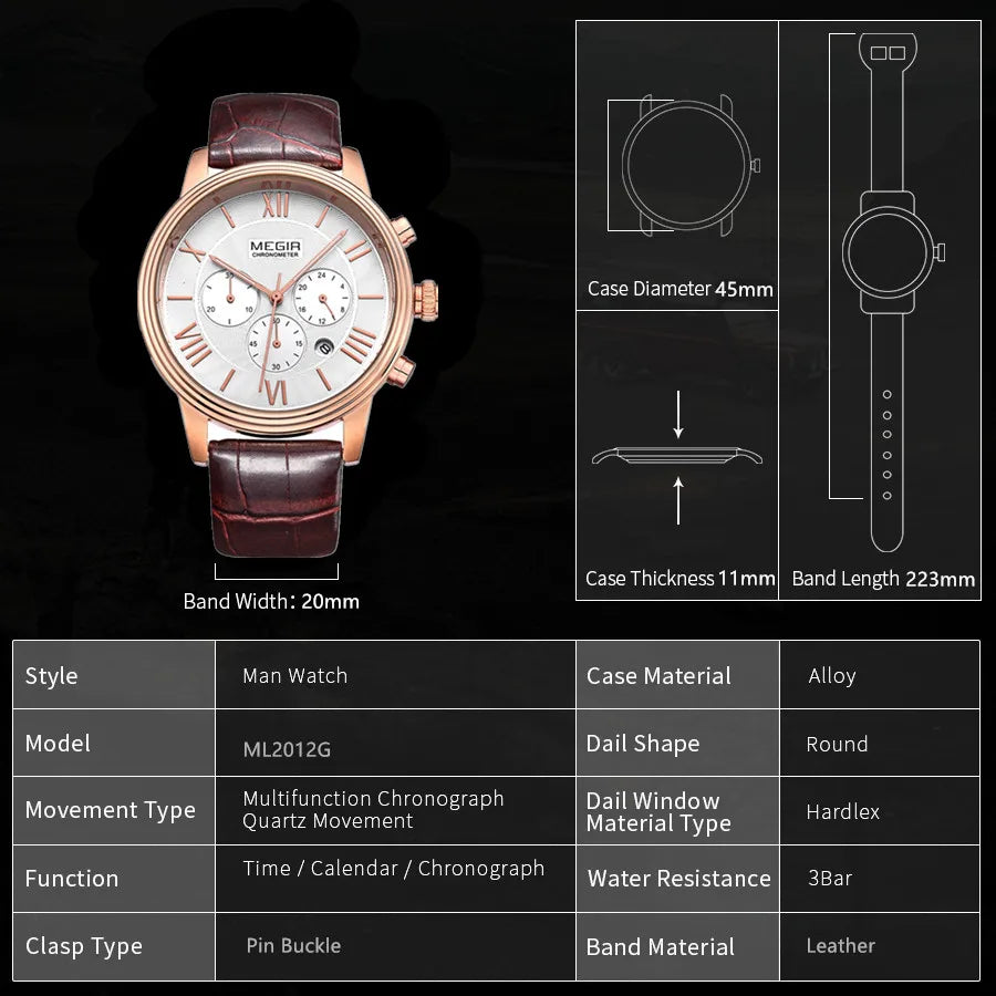 MEGIR 2012 Brown Retro Sports Quartz Men's Watches Large Dial Chronograph Watch Fashion Multifunctional Wrist Watch Montre Homme