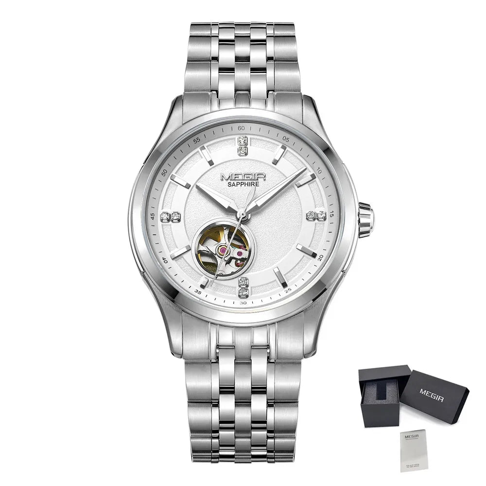 MEGIR Top Brand Luxury Business Watch Men Stainless Steel Waterproof Automatic Mechanical WristWatch Big Dial Montre Homme 62055