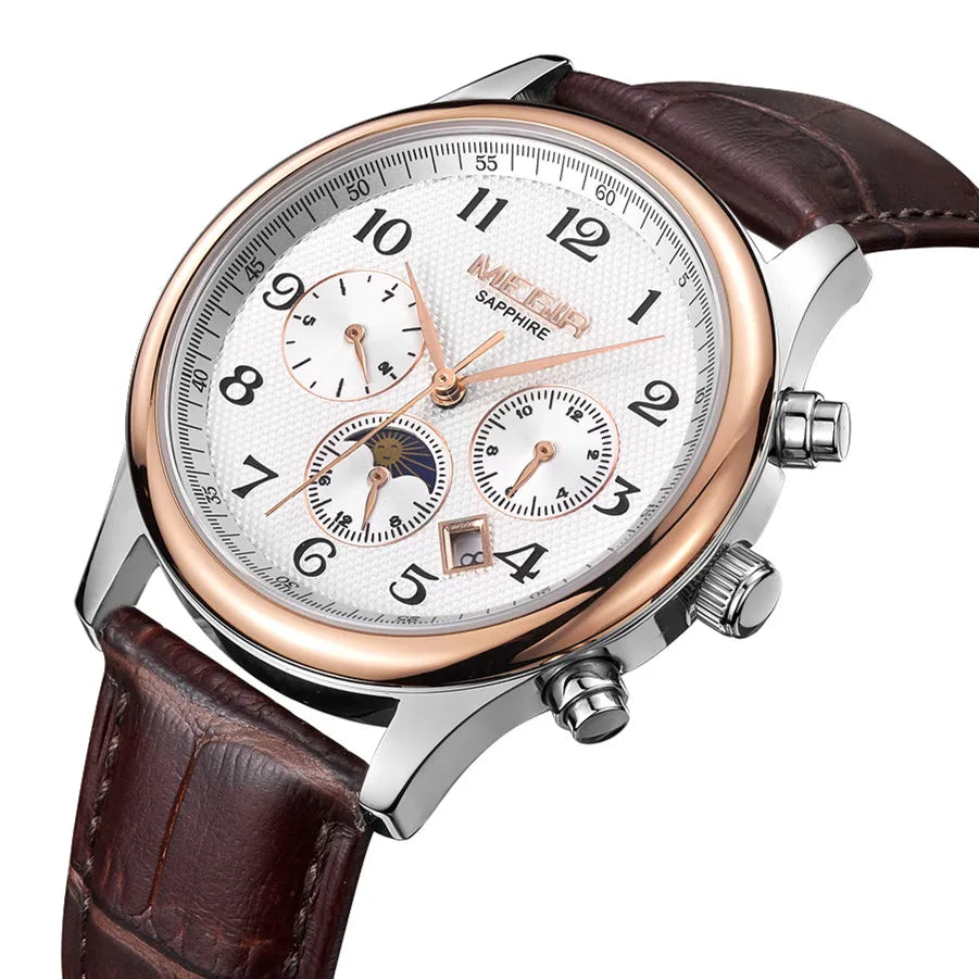 MEGIR 62046 Men Automatic Mechanical Watches Moon Phase Leather Casual Business Wristwatch Sapphire Date Clock Montre Homme