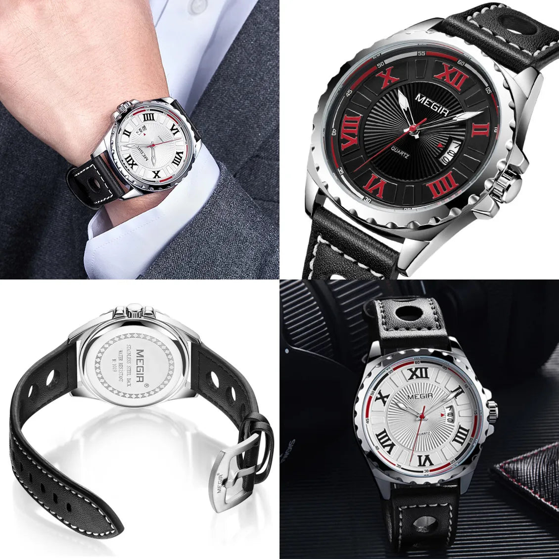 MEGIR 1019 Stylish Sports Watch Genuine Leather Strap Calendar Luminous Hands Waterproof Men Quartz Watches Montre Homme