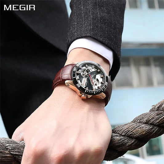 MEGIR 62069 Montre Homme Fashion Leather Watches for Men Sapphire Stainless Steel Automatic Mechanical Watch Sports Watch Clock