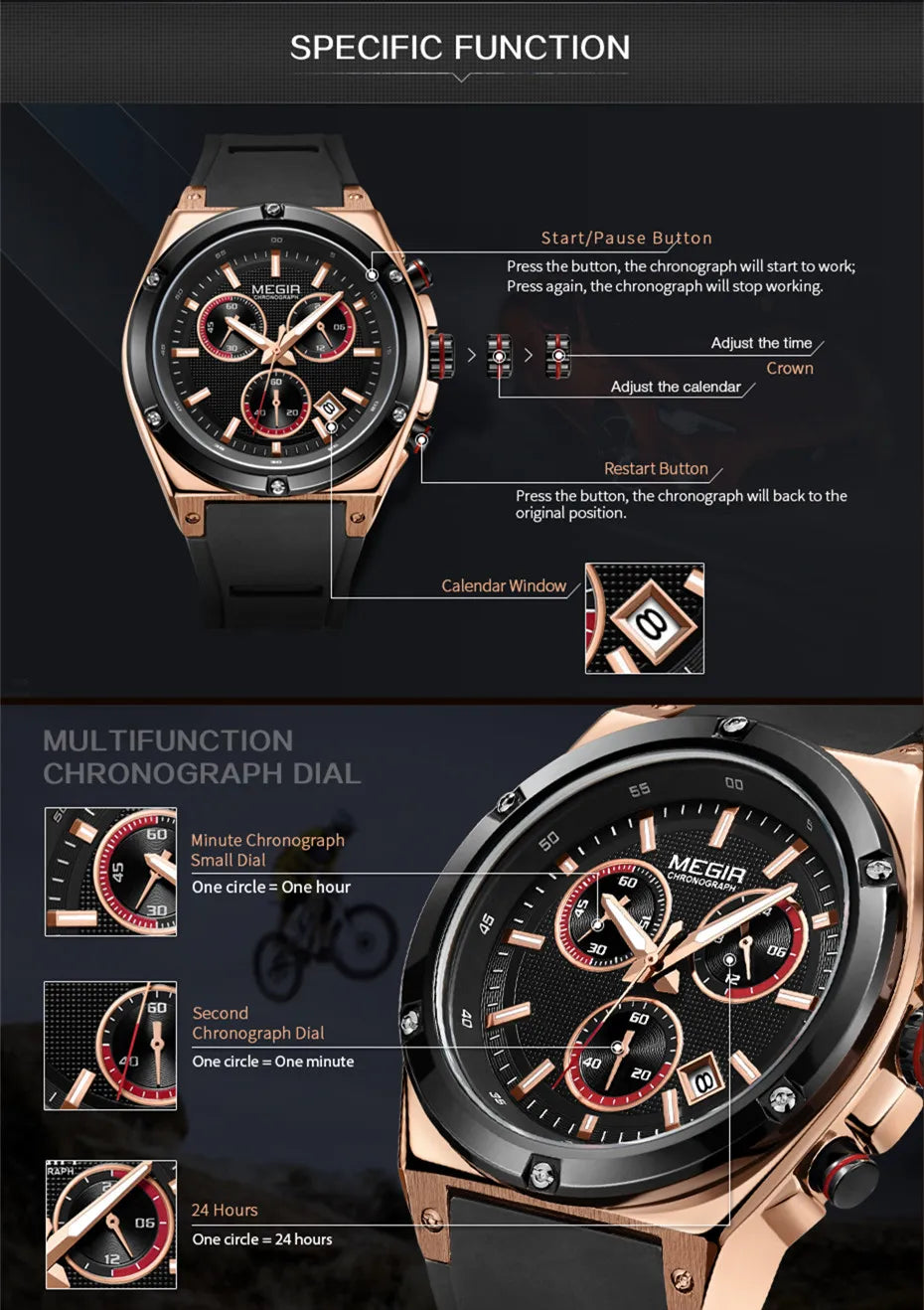 MEGIR 2073 Men Luxury Watches Silicone Quartz Chronograph Fashion Sports Business Wristwatch Luminous Male Clock Montre Homme