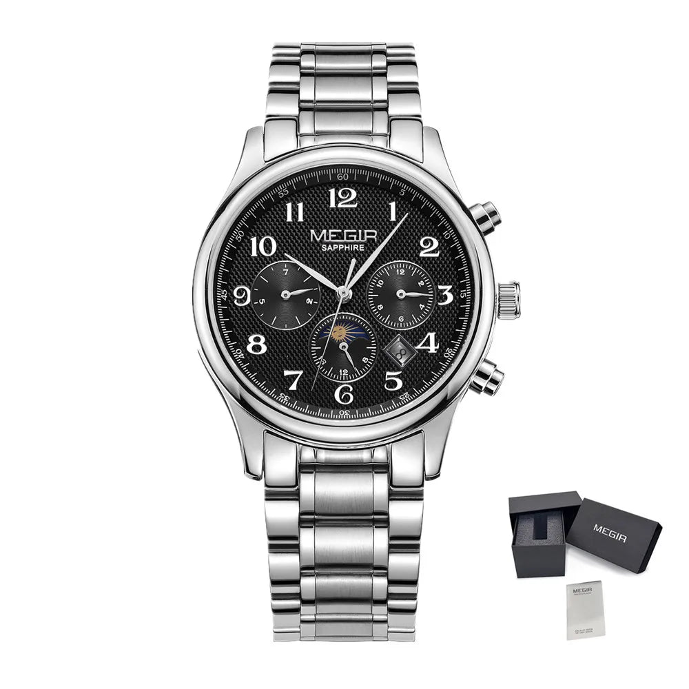 MEGIR 62046 Men Automatic Mechanical Watches Moon Phase Leather Casual Business Wristwatch Sapphire Date Clock Montre Homme