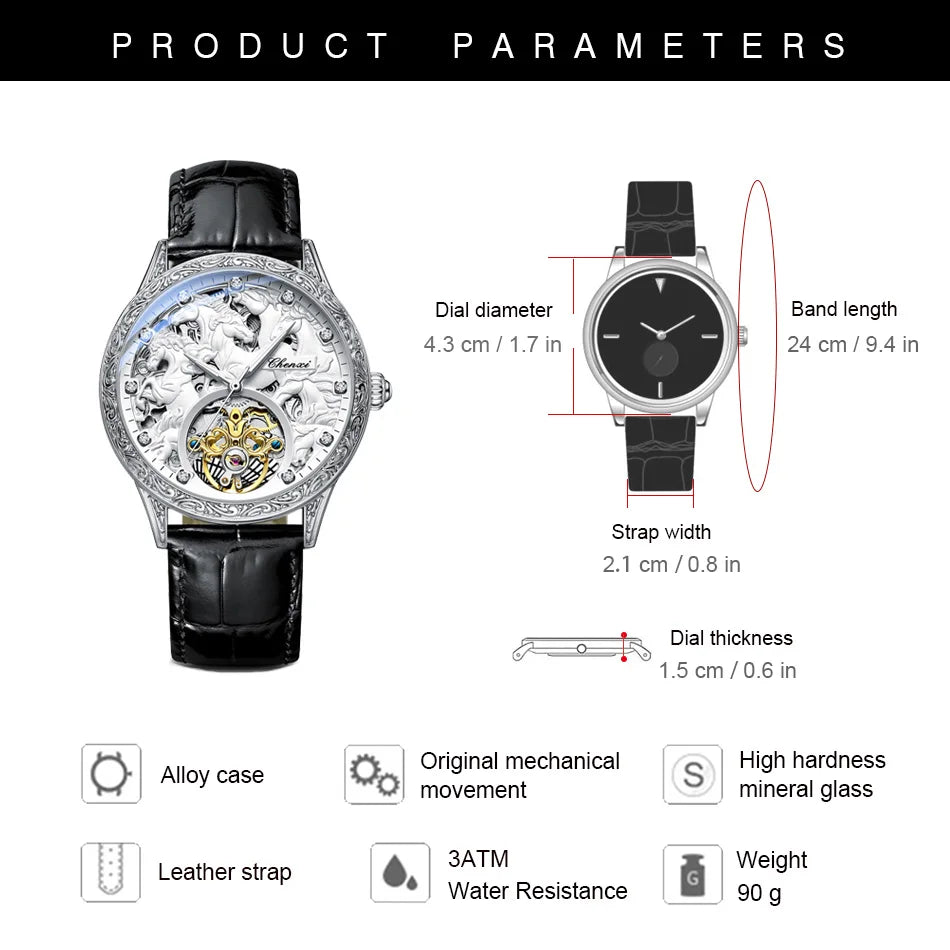 CHENXI 6029 New Black Leather Mechanical Automatic Skeleton Watch Fashion Mens Watches Golden Tiger Clock for Man Montre Homme