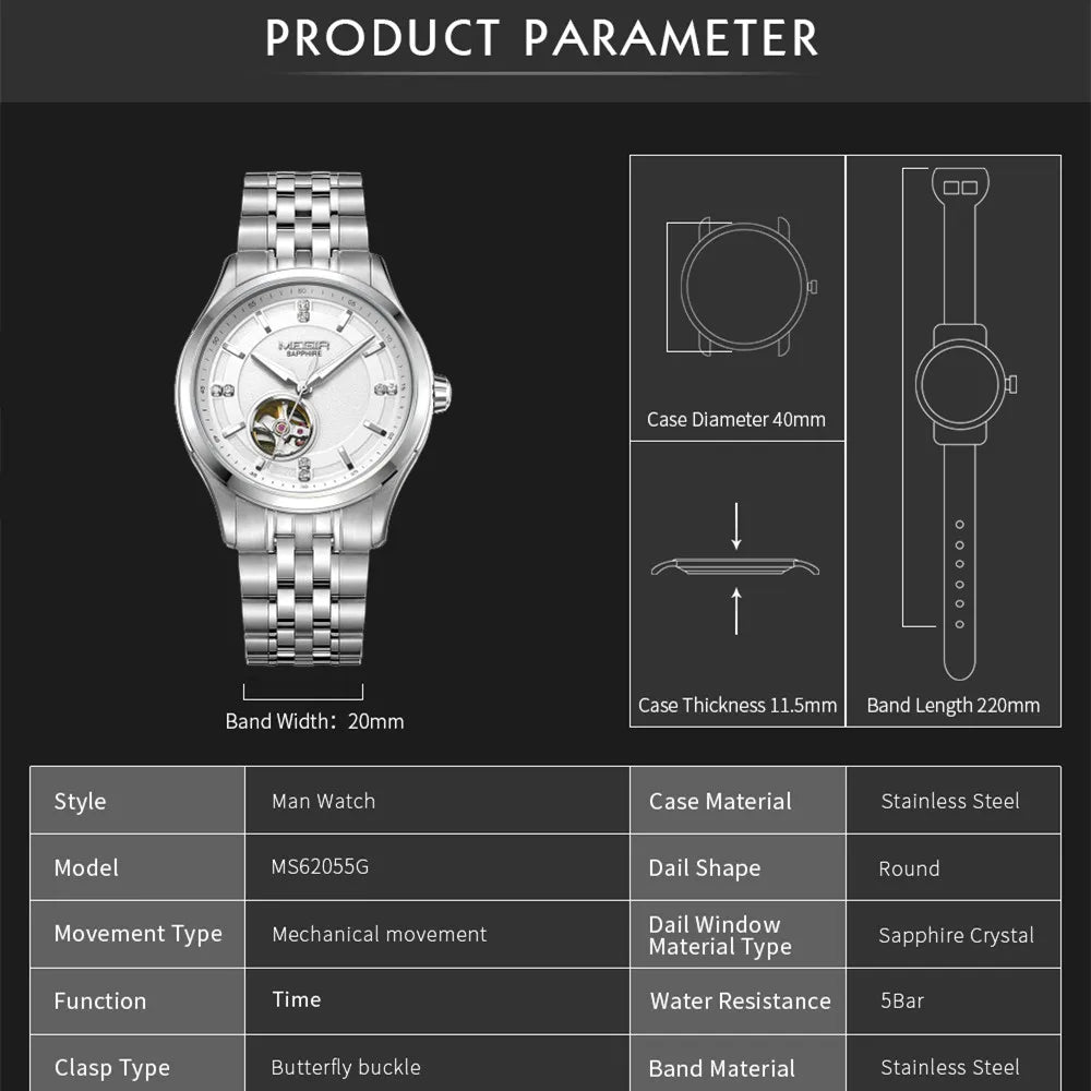 MEGIR Top Brand Luxury Business Watch Men Stainless Steel Waterproof Automatic Mechanical WristWatch Big Dial Montre Homme 62055