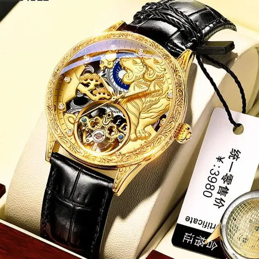 CHENXI 6029 New Black Leather Mechanical Automatic Skeleton Watch Fashion Mens Watches Golden Tiger Clock for Man Montre Homme