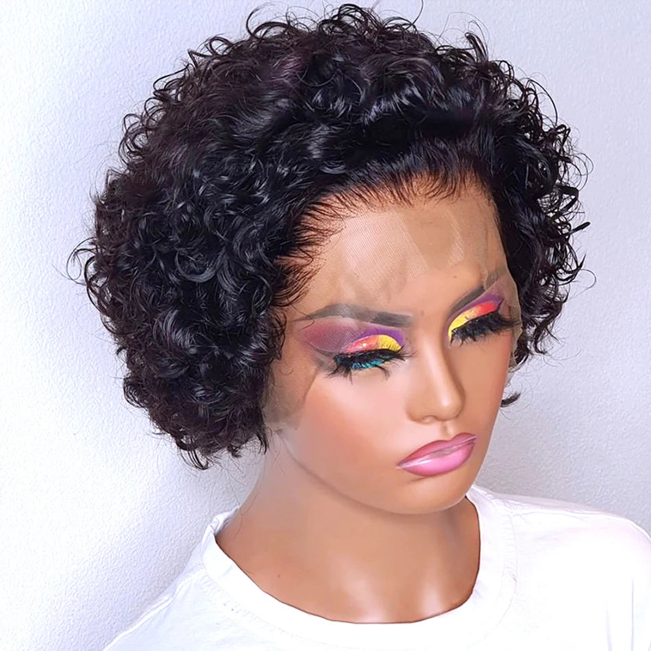 Perruque de cheveux humains courts bouclés coupe lutin perruque bresillienne pas cher Remy cheveux 13X1 perruques de dentelle transparente pour les femmes vente