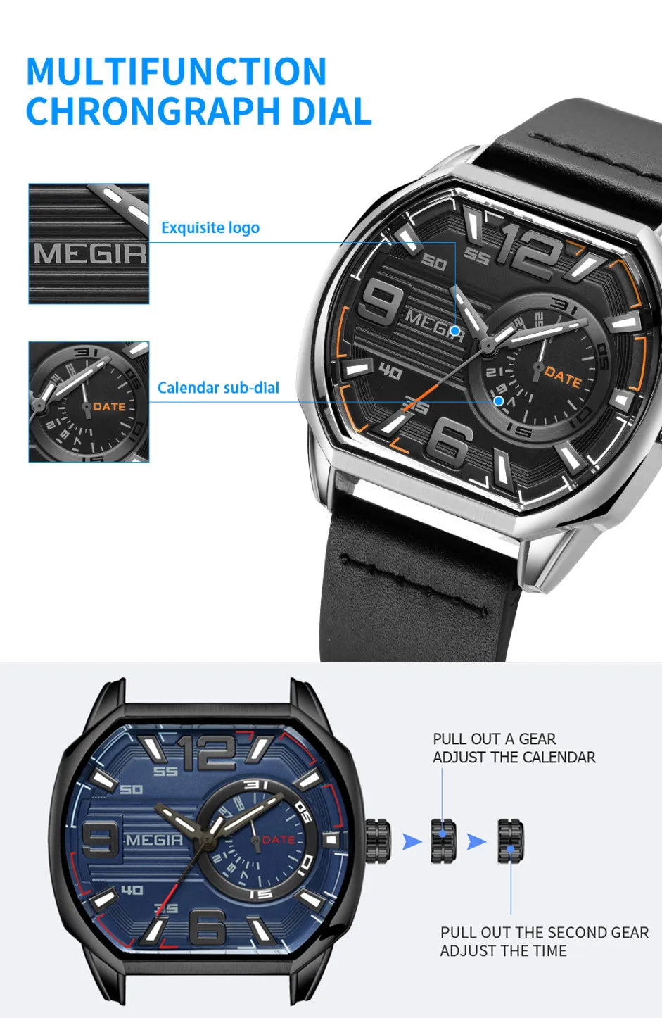 MEGIR 2201 Fashion Men Watches Top Luxury Sport Watch Calendar Luminous Quartz Watch Casual Man Wristwatch Clock Montre Homme