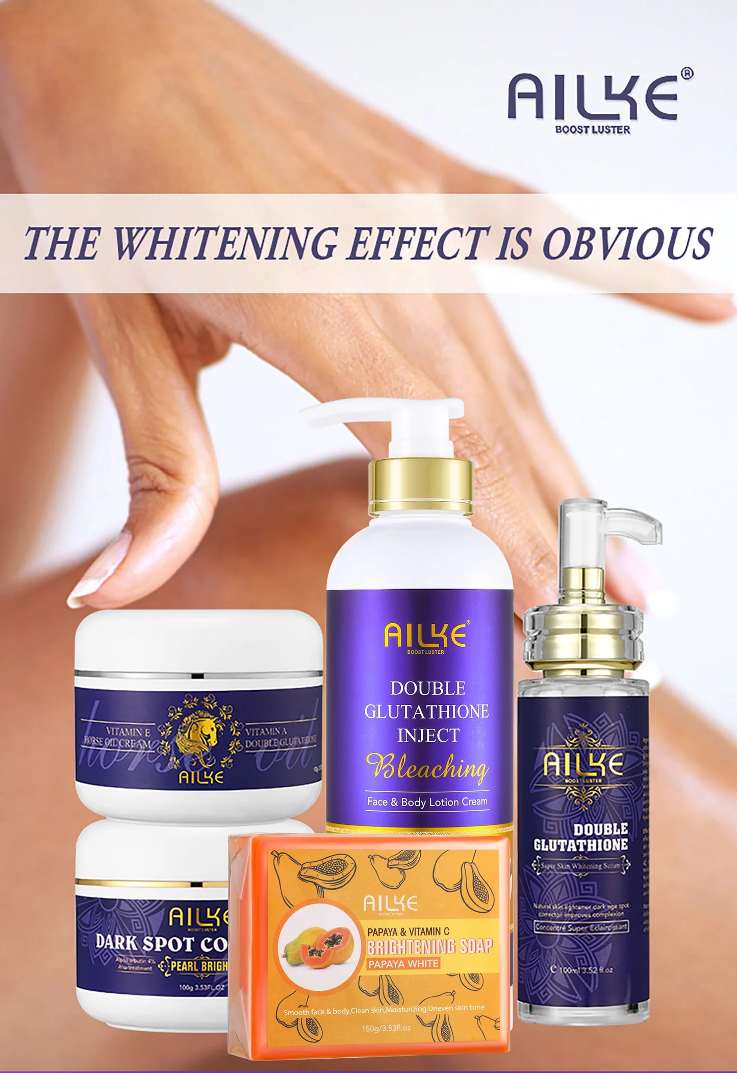 AILKE – ensemble de soins pour la peau blanchissant, éclaircissant, avec double glutathion, réduit les taches noires, foncées et blanches, pour tous les Types de peau