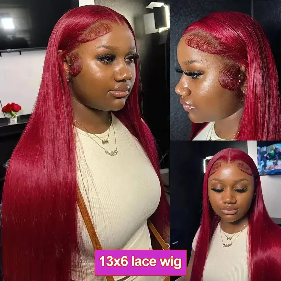 Perruque Lace Front Wig brésilienne naturelle, cheveux lisses, 13x6, 99J, 13x4, couleur rouge bordeaux, pre-plucked, 100%