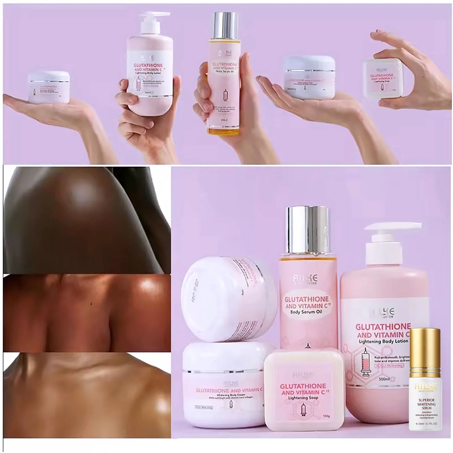 AILKE-Crème hydratante blanchissante pour le visage, élimine les taches noires, soins de la peau du visage, gratitude, corps, glutathion, vitamine C, peau noire, nouvel ensemble