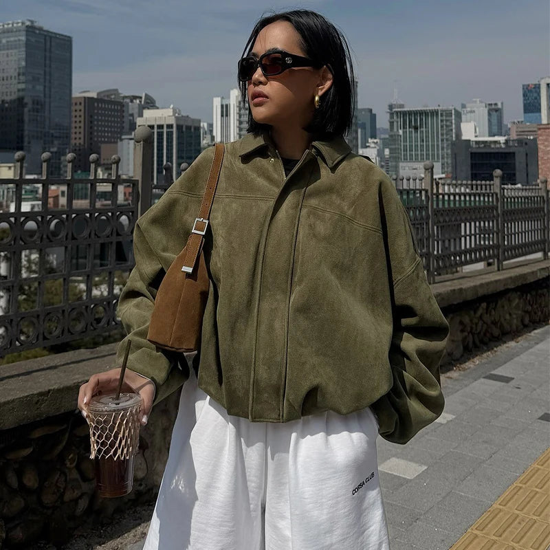 Veste Bomber Femme en Daim - Fermeture Éclair Revers Manches Longues - Lencensa 