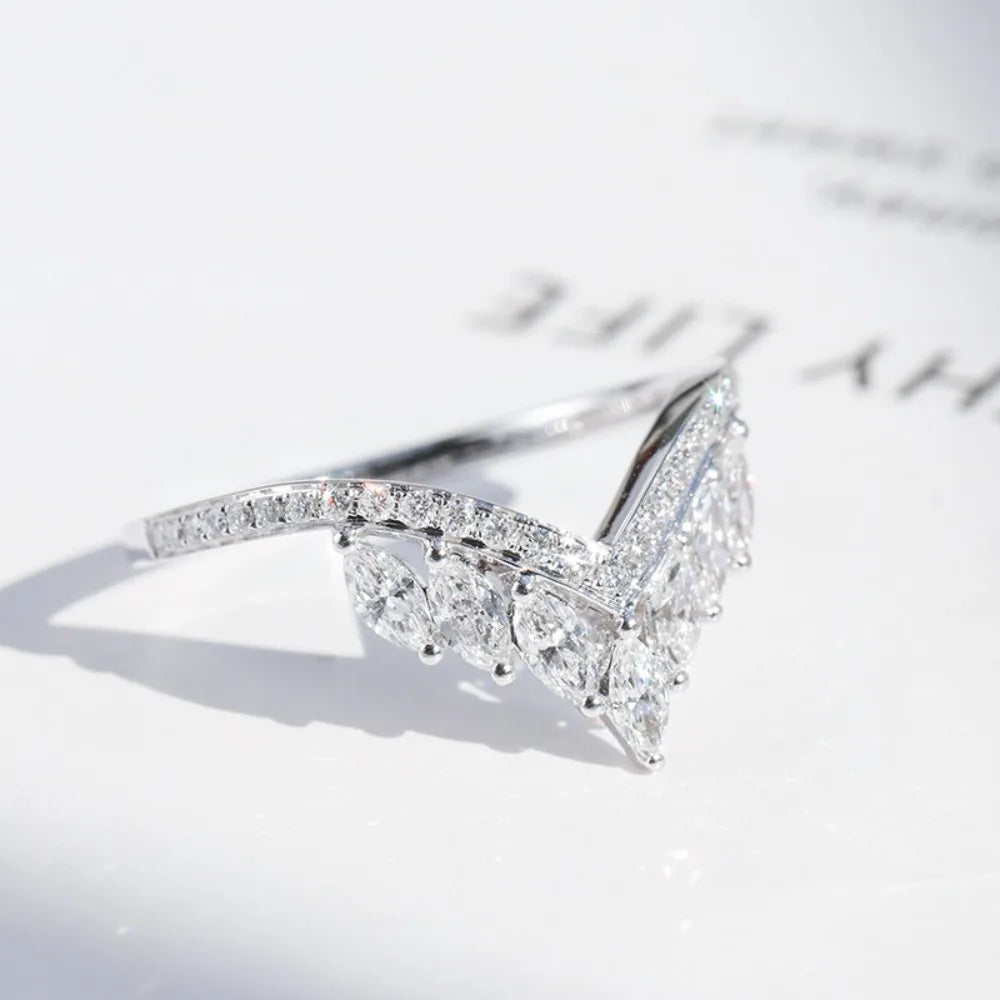 Bague Fiançailles V Or Blanc 18K - Marquise Zircone Empilable