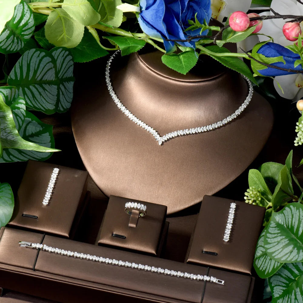 Ensemble Bijoux Luxe 4 Pièces - Collier et Boucles d'Oreilles Zircone