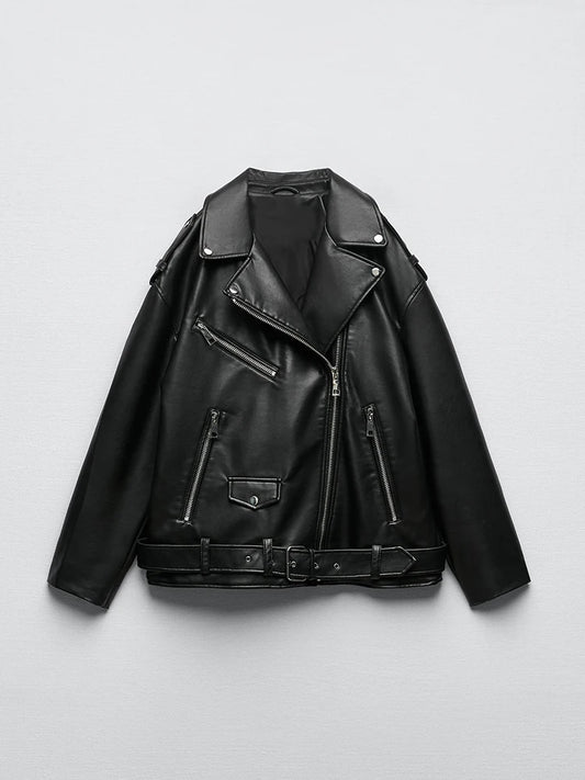 Veste Cuir Premium Femme - Blouson Motard Noir Haute Qualité avec Ceinture
