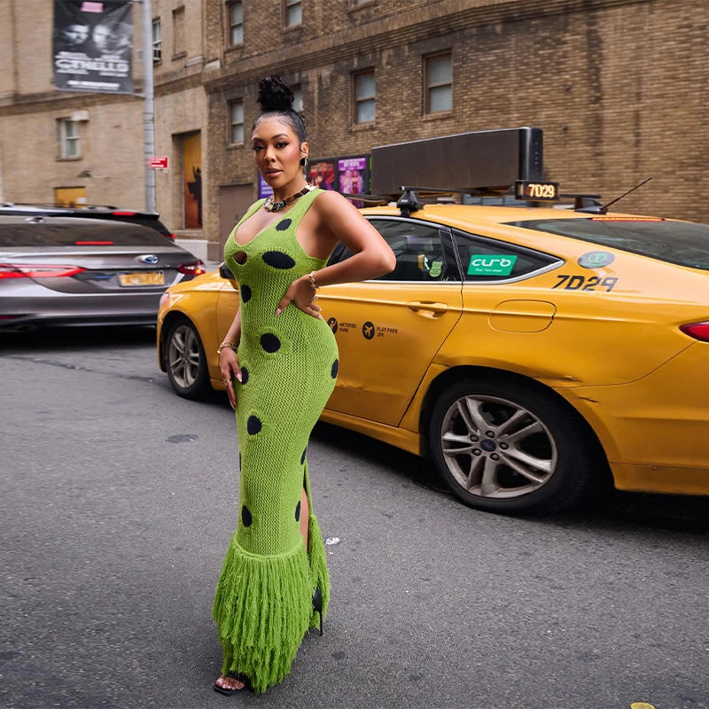 Femmes Sexy voir à travers tricoté Maxi robe évider col profond Pot Robes gland ourlet fourchette fête robes 2025 nouvelle dame Club robe