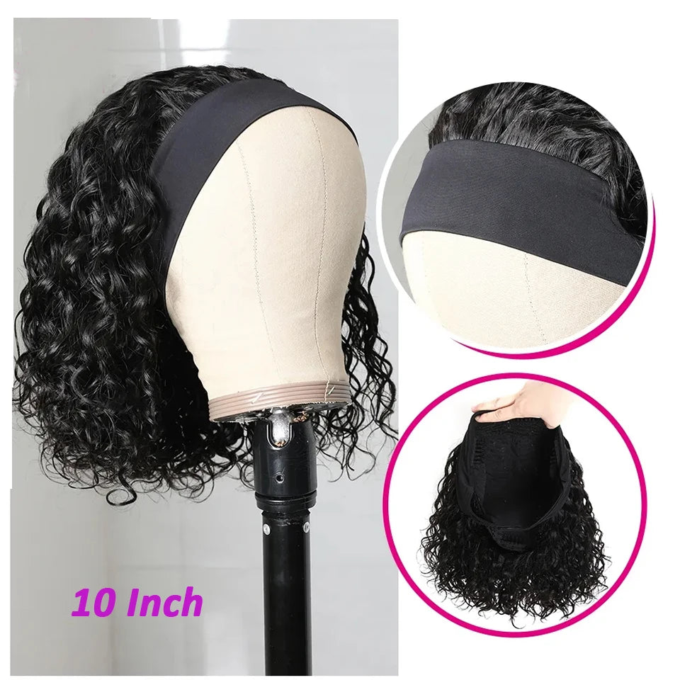 Perruque brésilienne courte vague d'eau bandeau perruques de cheveux humains pour les femmes courte bouclée aucune dentelle bandeau perruque 180 densité perruque de cheveux humains