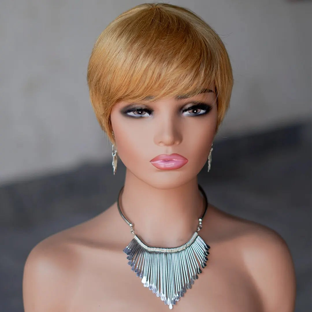 Perruque Naturelle Courte avec Frange pour Femme Noire, Cheveux Lisses, Coupe Pixie, Faite à la Machine, Bon Marché