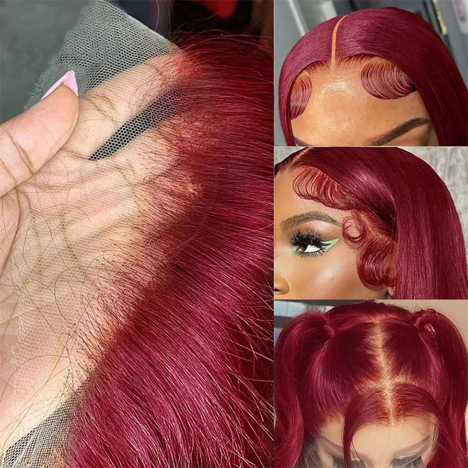 Perruque Lace Front Wig brésilienne naturelle, cheveux lisses, 13x6, 99J, 13x4, couleur rouge bordeaux, pre-plucked, 100%