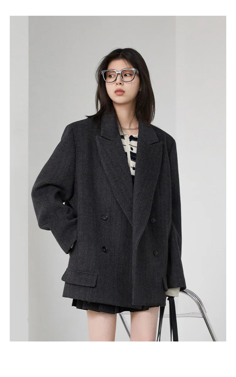 CHIC VEN-Blazer en laine vintage pour femme, veste à col en V, double boutonnage imbibé, manteau de bureau pour femme, printemps, automne, 2025 - Lencensa 