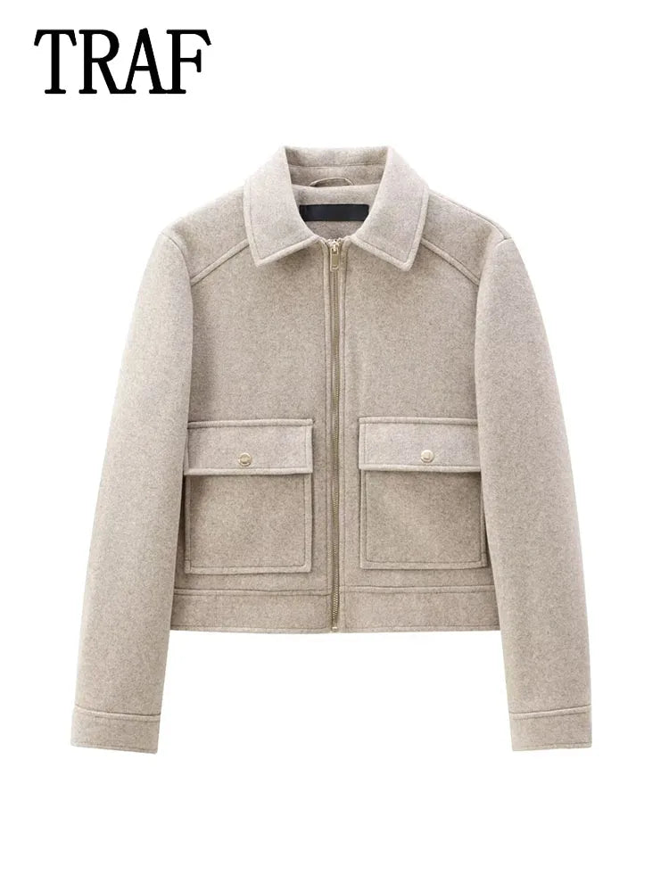 Veste à fermeture éclair pour femme, manteau d'hiver à manches longues avec poches, manteau court de rue élégant pour femme, nouvelle collection - Lencensa 