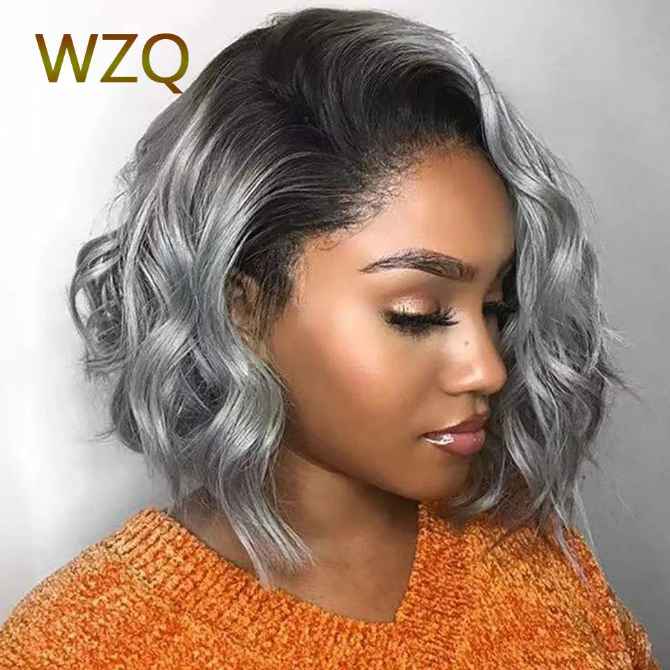 Perruque Bob Lace Front Wig naturelle brésilienne ondulée, cheveux courts, gris ombré 1B, 13x4, transparente HD, pour femmes