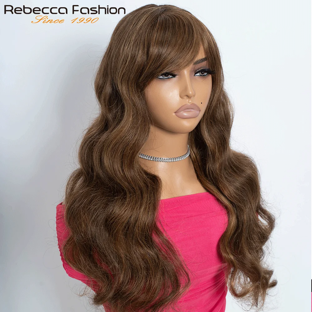 Perruque brésilienne de cheveux humains de vague de corps de densité 180% avec la frange porter pour aller perruques de cheveux humains brun naturel pour les femmes perruque profonde lâche - Lencensa 