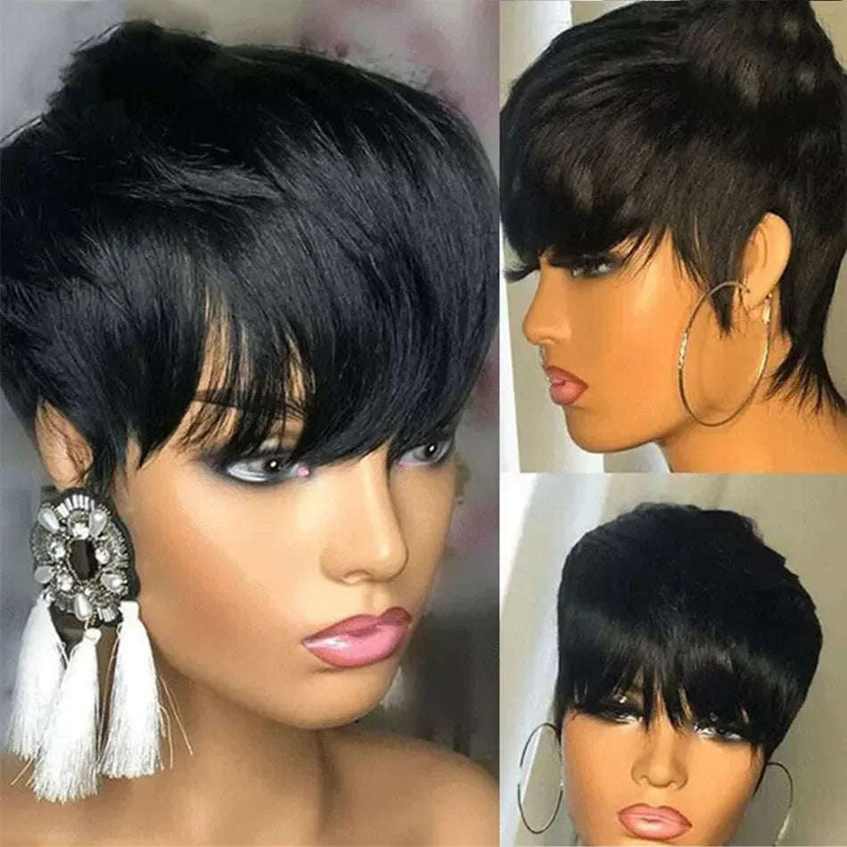 Perruque Naturelle Courte avec Frange pour Femme Noire, Cheveux Lisses, Coupe Pixie, Faite à la Machine, Bon Marché