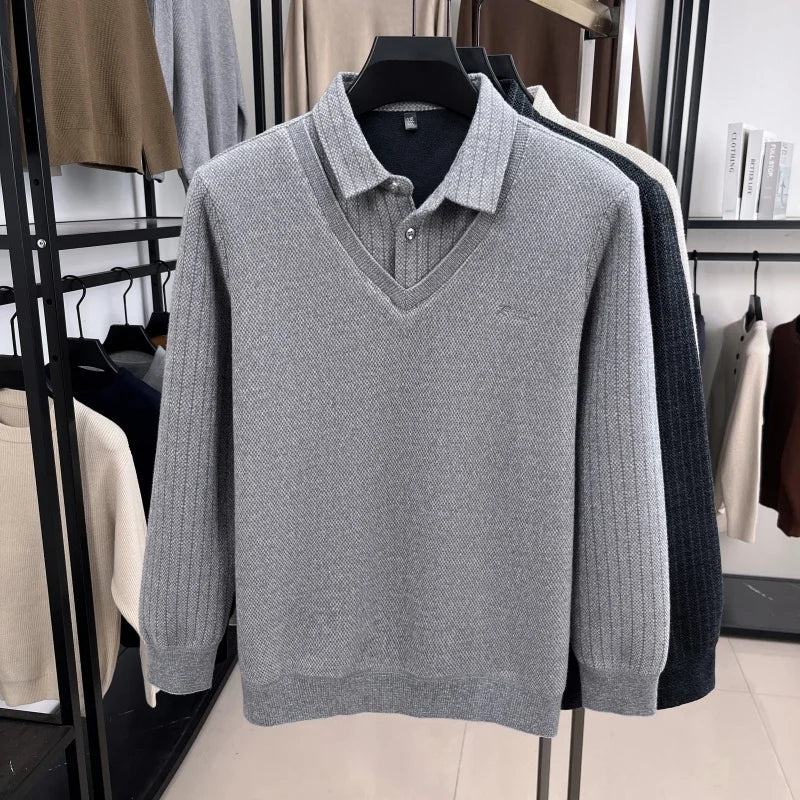 Marque de luxe hommes en peluche faux deux pièces à manches longues tricoté pull hiver nouvelle couleur unie imprimé chaud mode affaires vêtements pour hommes - Lencensa 
