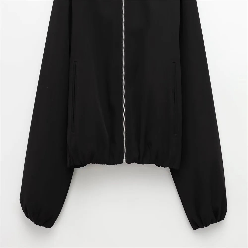 Veste Courte Femme Noire avec Col - Blouson Fermeture Éclair