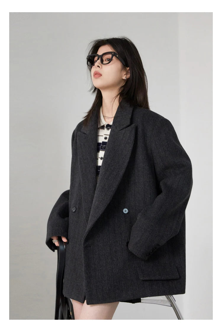 CHIC VEN-Blazer en laine vintage pour femme, veste à col en V, double boutonnage imbibé, manteau de bureau pour femme, printemps, automne, 2025 - Lencensa 