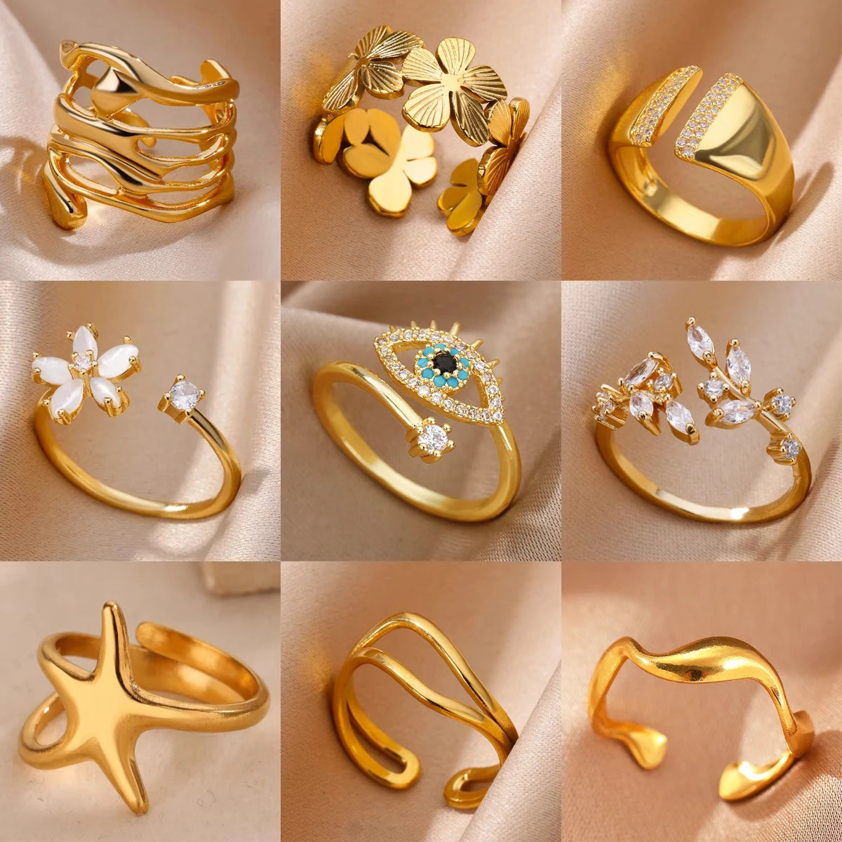 Bagues géométriques en acier inoxydable et Zircon pour femmes, bijoux de luxe, mauvais œil, couleur or, réglables, tendance, cadeau esthétique de mariage