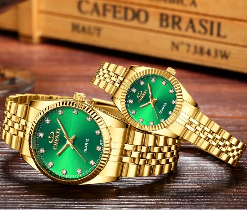CHENghts-Montre de couple à quartz en acier inoxydable doré pour femme, horloge de luxe