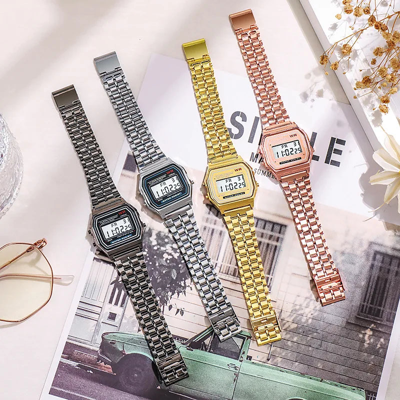 Montres de luxe en or Rose pour femmes, affichage numérique électronique, Style rétro, horloge pour hommes