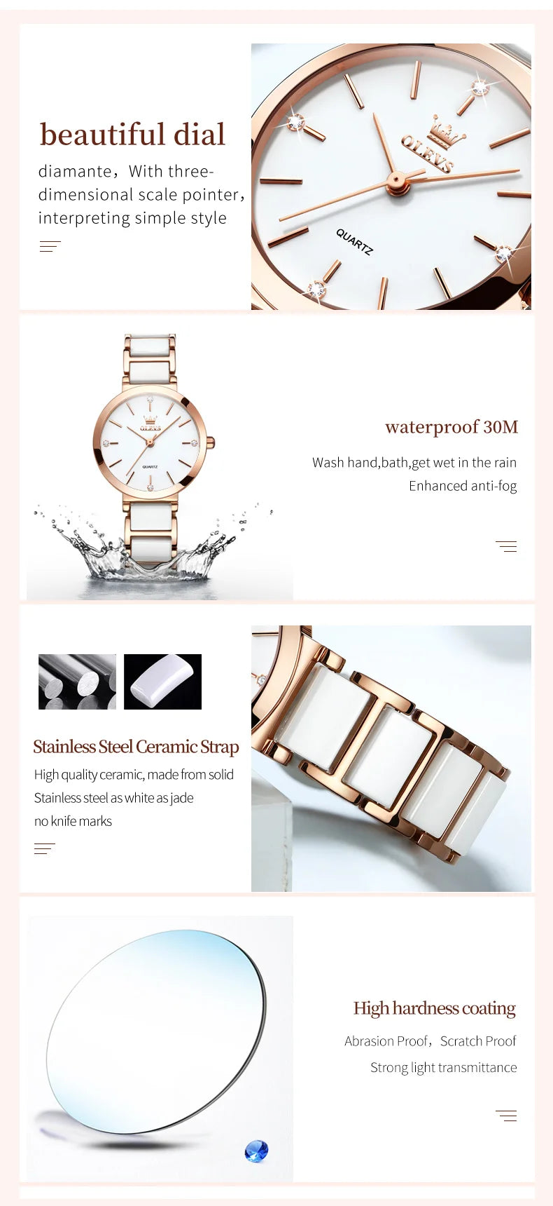 OLEVS-Montre-bracelet de luxe en or rose pour femme, montre-bracelet à quartz pour femme, horloge à bracelet en céramique, mode féminine
