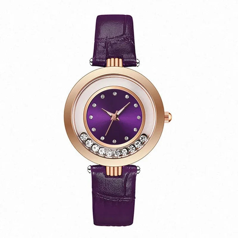 Montre à Quartz Analogique avec Ceinture en Cuir et Diamant pour Femme, Accessoire de Luxe