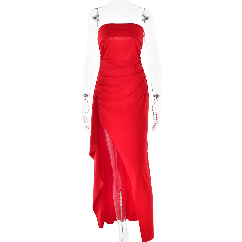 Robe Maxi fendue, épaules dénudées, élégante, taille haute, tenue de Club pour femmes, Sexy, sans bretelles, robe froncée