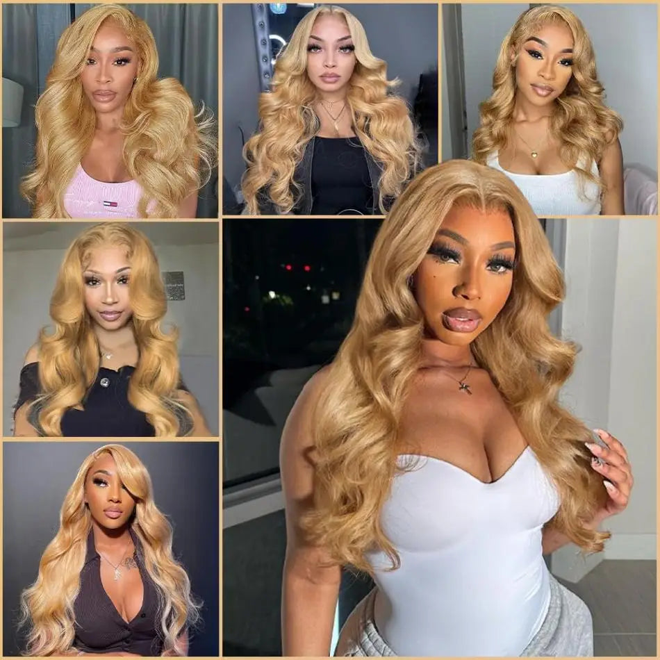 Perruque Lace Front Wig Body Wave brésilienne naturelle, cheveux humains, couleur blond miel, 13tage, #27, 13x6, pre-plucked, pour femmes