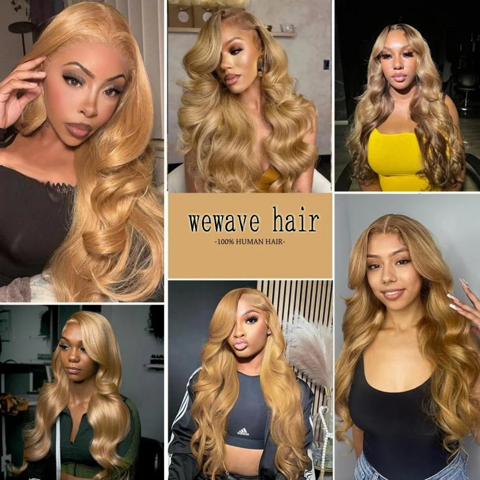 Perruque Lace Front Wig Body Wave brésilienne naturelle, cheveux humains, couleur blond miel, 13tage, #27, 13x6, pre-plucked, pour femmes