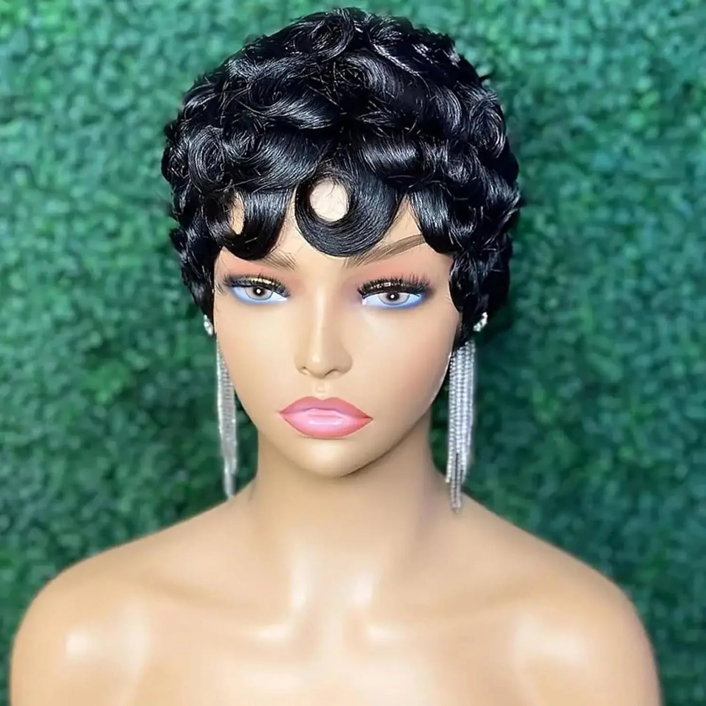 Perruque de Cheveux Humains Crépus et Bouclés avec Frange, Coupe Pixie Faite à la Machine