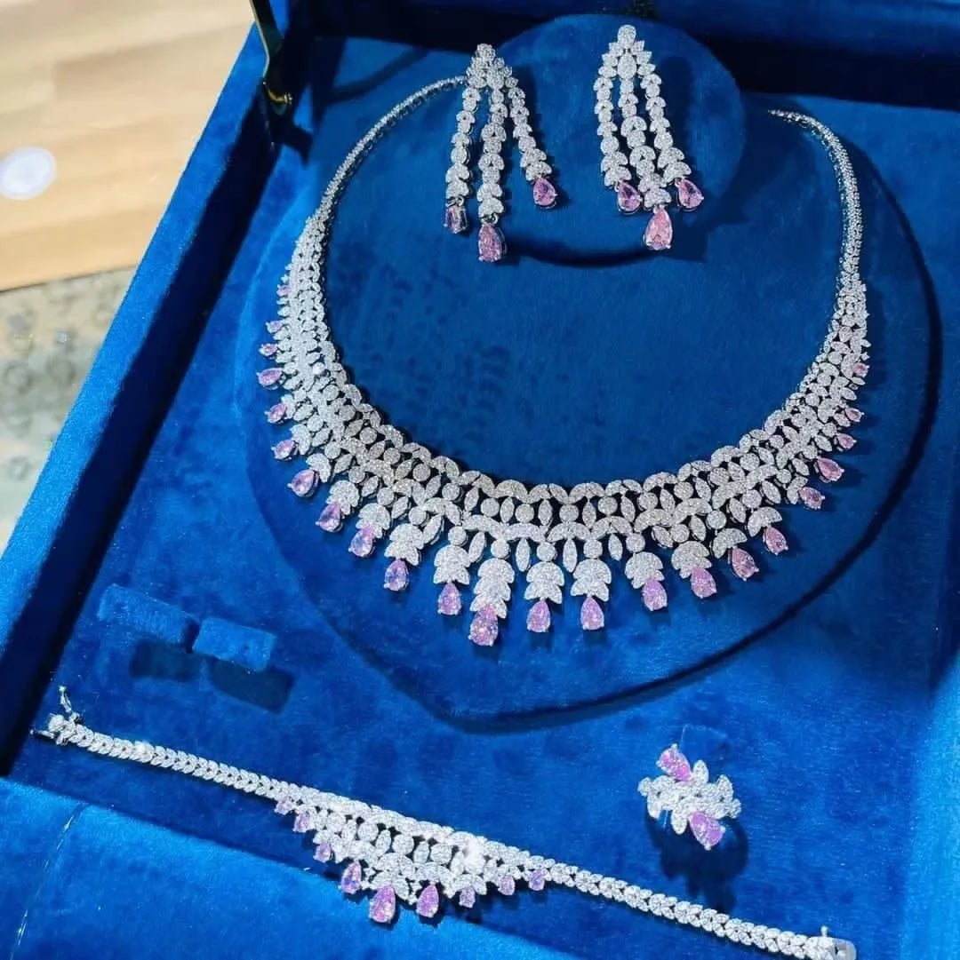 Ensemble de bijoux de mariée de luxe avec zircon cubique contre-indiqué, 4 pièces, vente chaude, Dubaï, 2024
